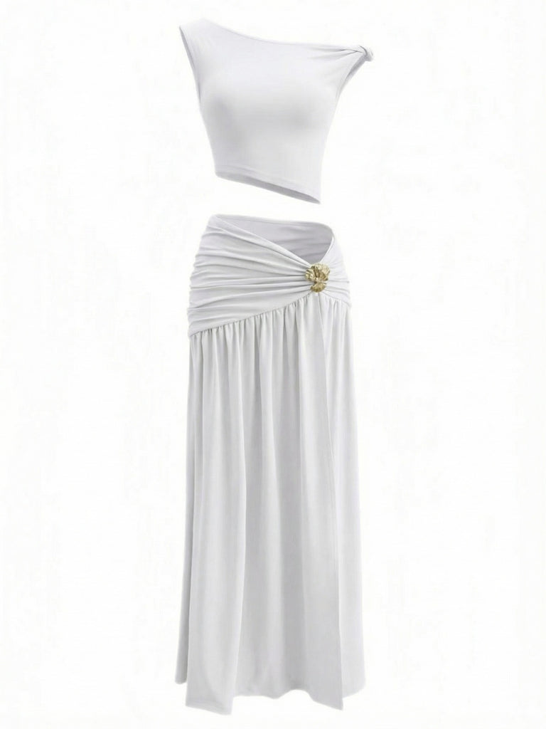 White top and long skirt set on a white background