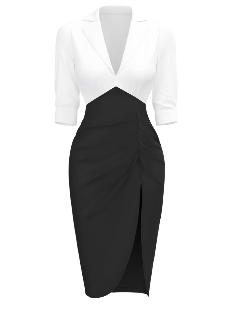 Women's Notched Collar Ruched Slit Bodycon Dress Black&White Women's Notched Collar Ruched Slit Bodycon Dress Black&White