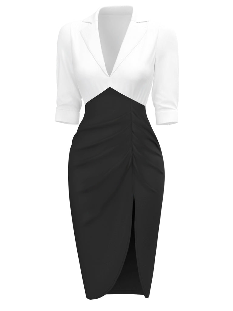 Women's Notched Collar Ruched Slit Bodycon Dress Black&White Women's Notched Collar Ruched Slit Bodycon Dress Black&White