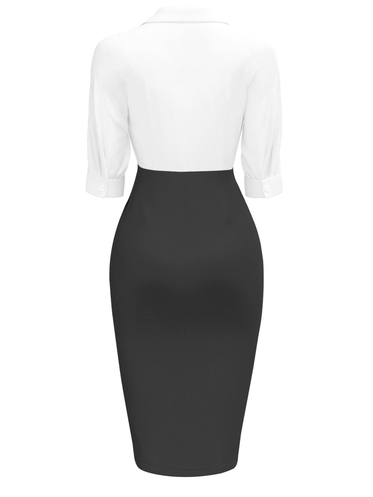Women's Notched Collar Ruched Slit Bodycon Dress Black&White Women's Notched Collar Ruched Slit Bodycon Dress Black&White