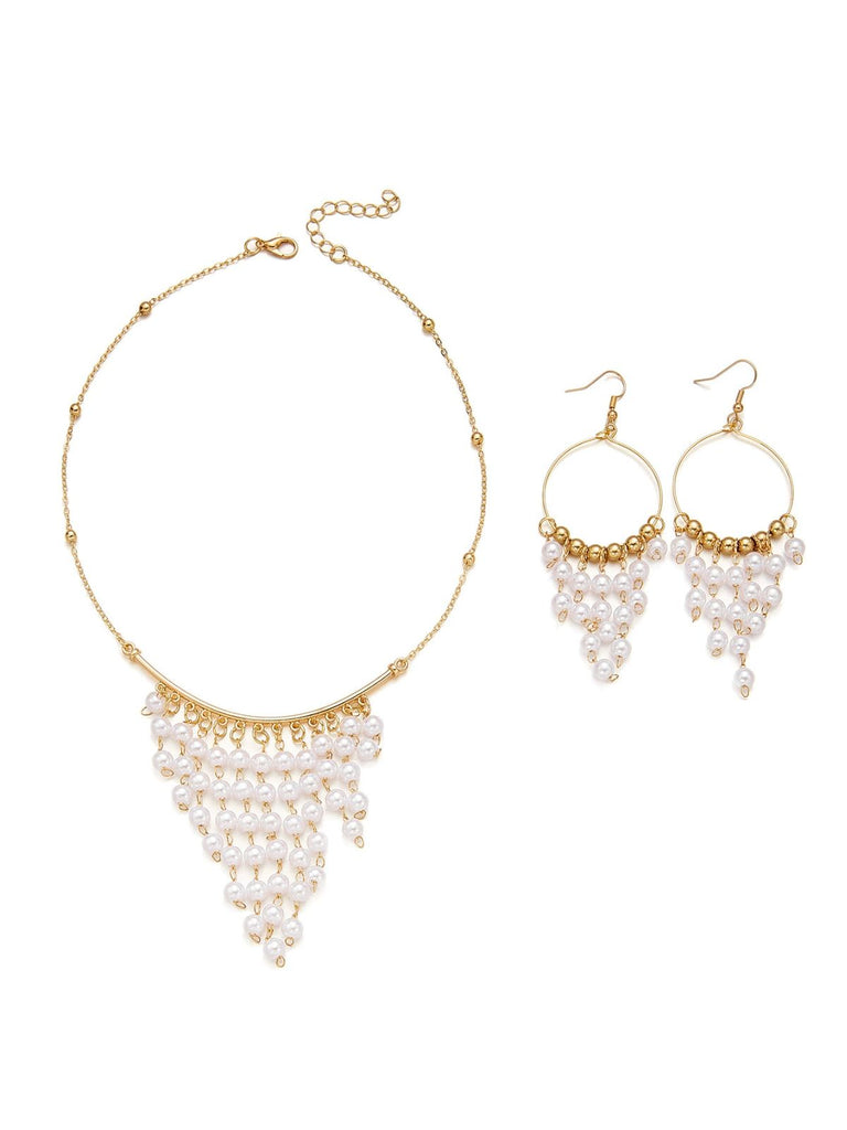 White Bohemian Pearl Tassel Necklace & Earrings Set - vintage accessory, retro jewelry, classic style for vintage lovers