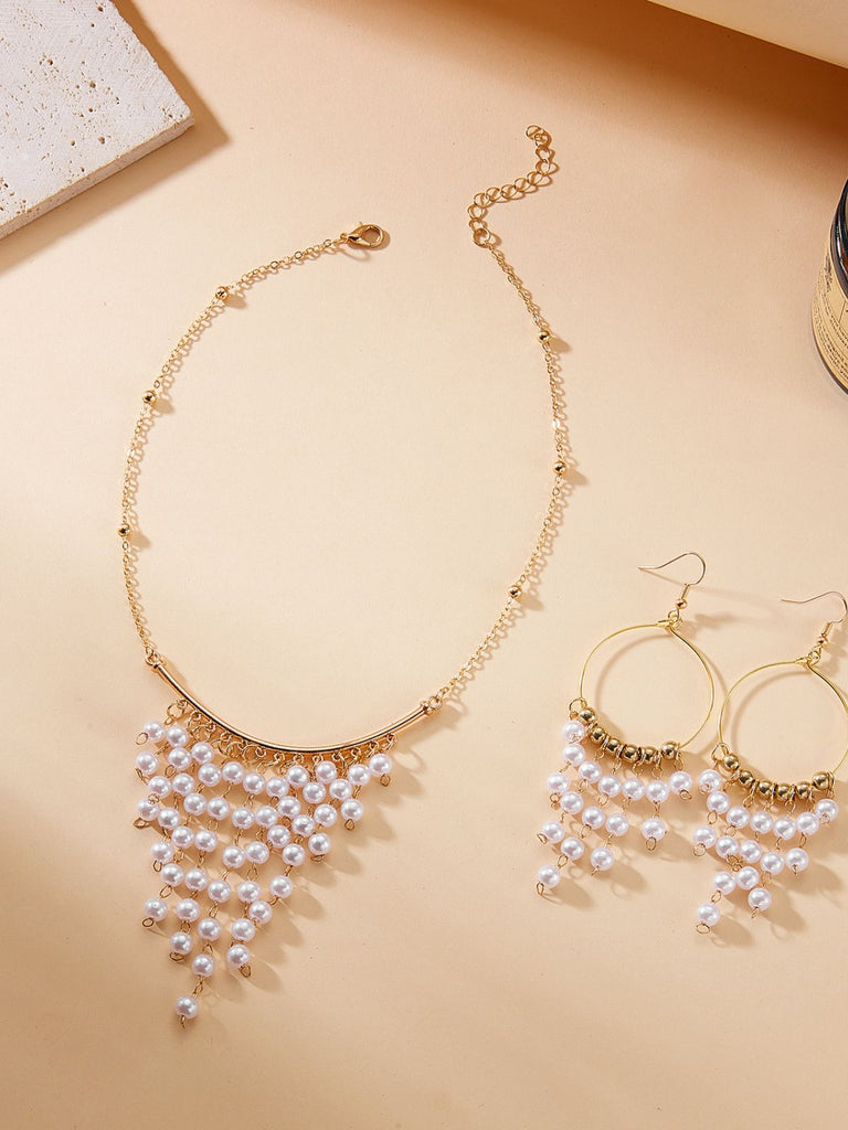 White Bohemian Pearl Tassel Necklace & Earrings Set - vintage accessory, retro jewelry, classic style for vintage lovers