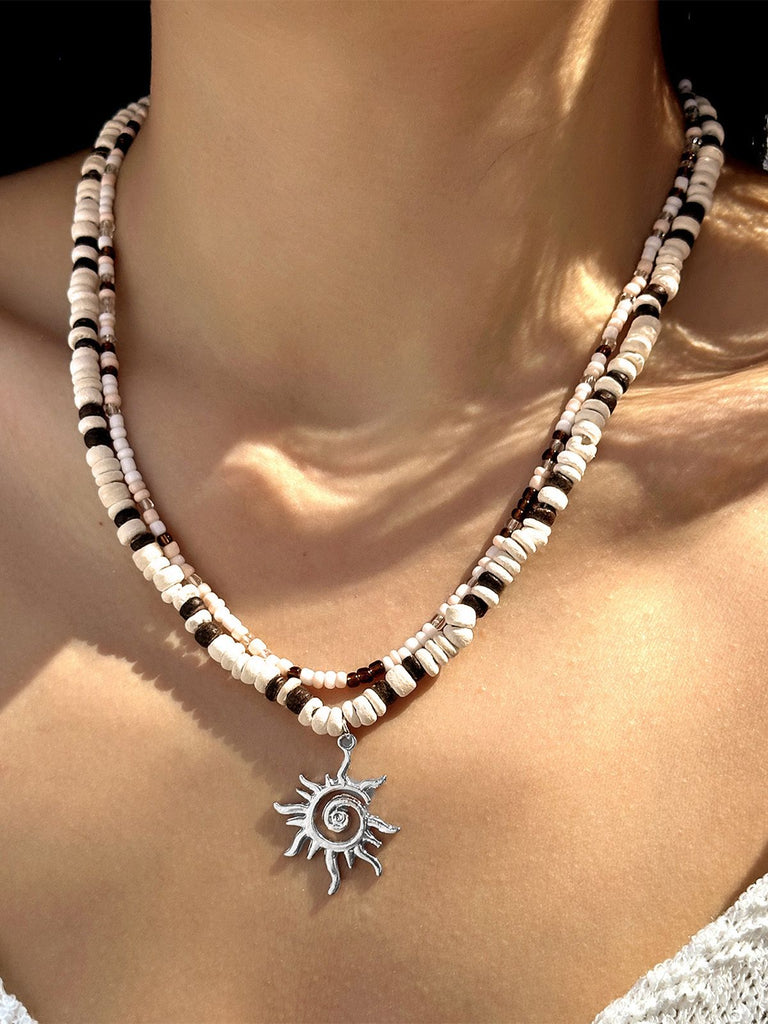 White & Brown Beaded Sun Pendant Layered Necklace - vintage fashion, retro style, elegant red