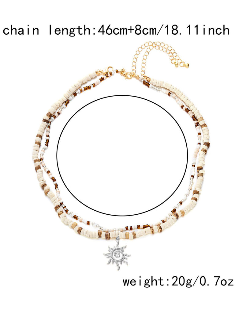 White & Brown Beaded Sun Pendant Layered Necklace - vintage fashion, retro style, elegant red