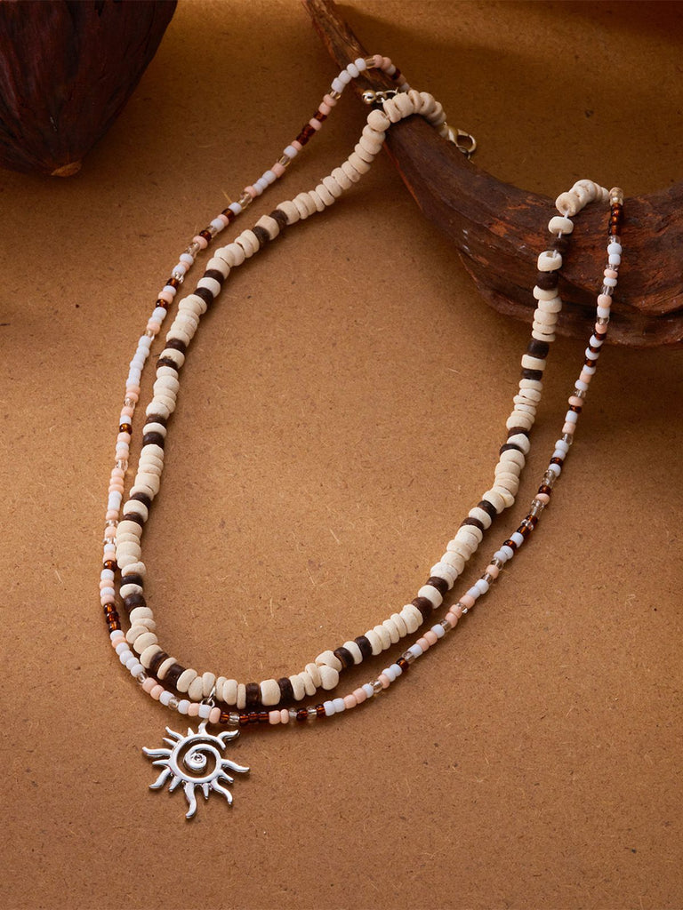 White & Brown Beaded Sun Pendant Layered Necklace - vintage fashion, retro style, elegant red