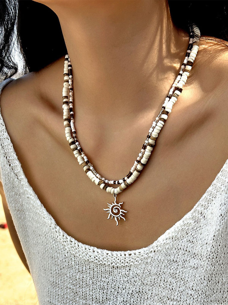 White & Brown Beaded Sun Pendant Layered Necklace - vintage fashion, retro style, elegant red