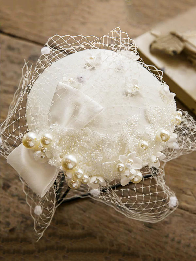 White Pearl Mesh Bow Vintage Hat - vintage fashion, retro style, pure white