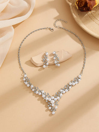 White Pearl Rhinestone Leaves Necklace & Earring Set - vintage fashion, retro style, pure white