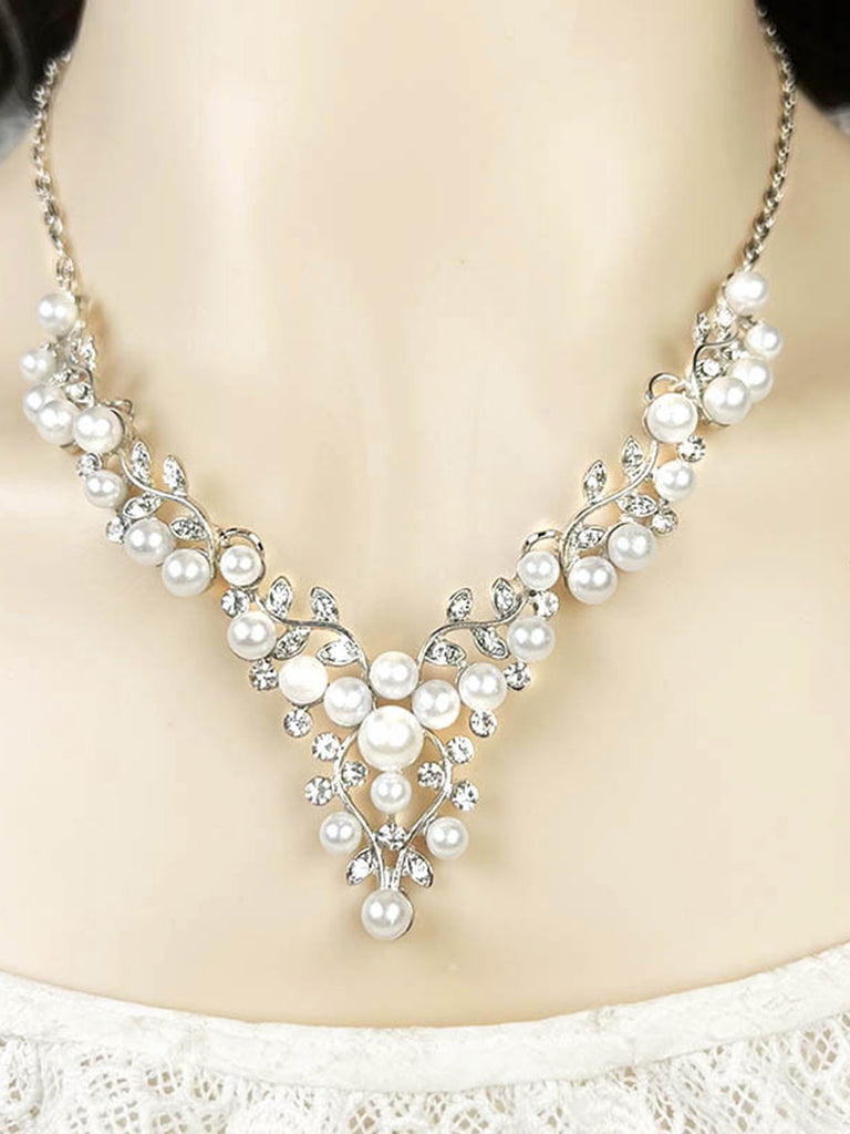 White Pearl Rhinestone Leaves Necklace & Earring Set - vintage fashion, retro style, pure white
