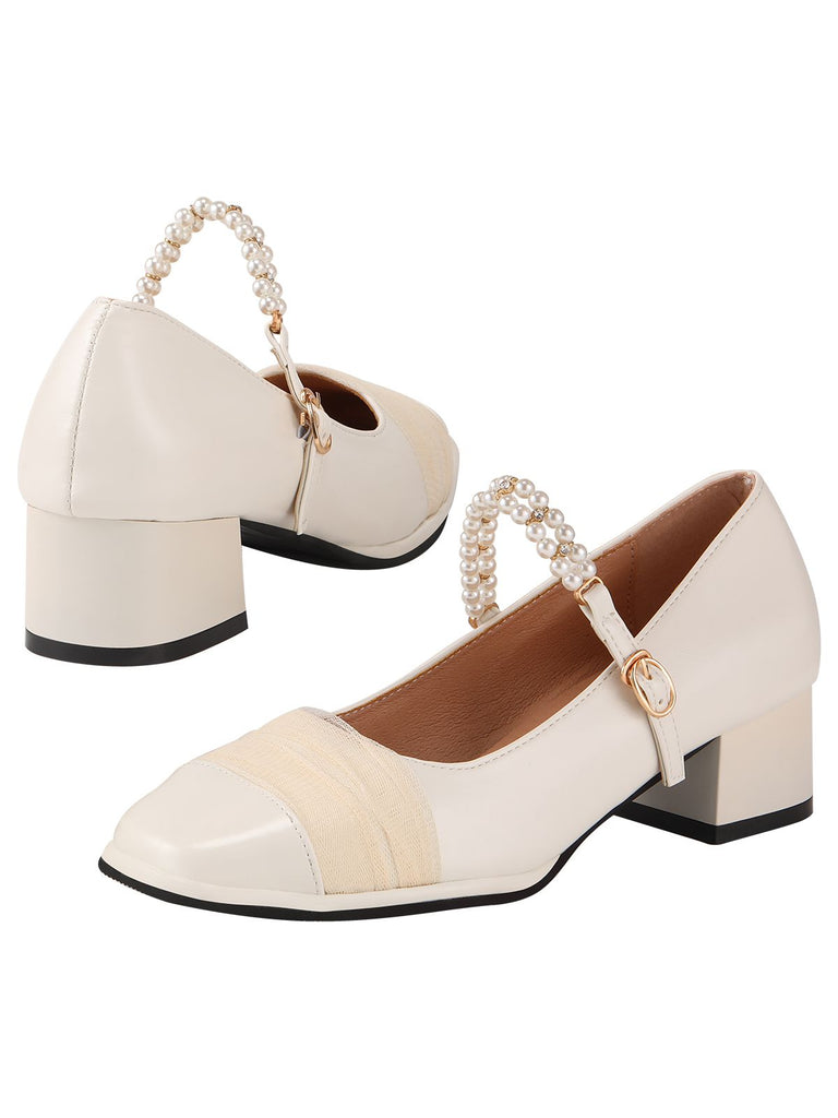 White Pearl Strap Chunky Heel Shoes: timeless vintage elegance she makes her own