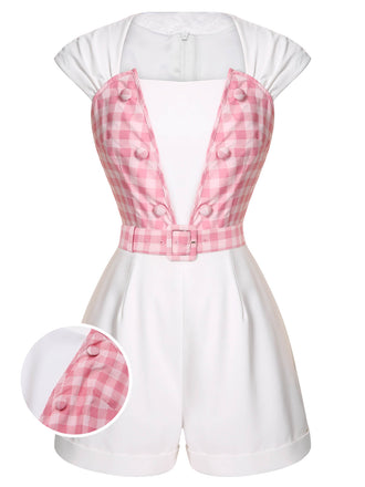 White & Pink 1950s Plaid Romper With Belt, vintage romper, retro jumpsuit - perfect for women who love vintage and retro fashion