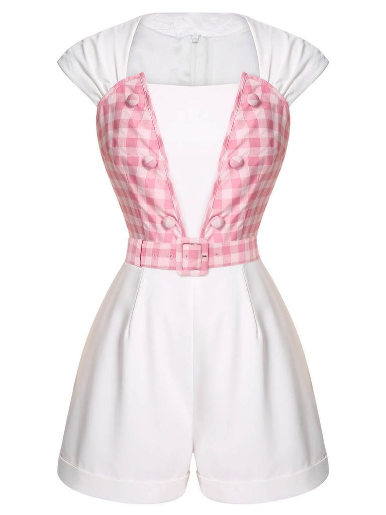 White & Pink 1950s Plaid Romper With Belt, vintage romper, retro jumpsuit - perfect for women who love vintage and retro fashion