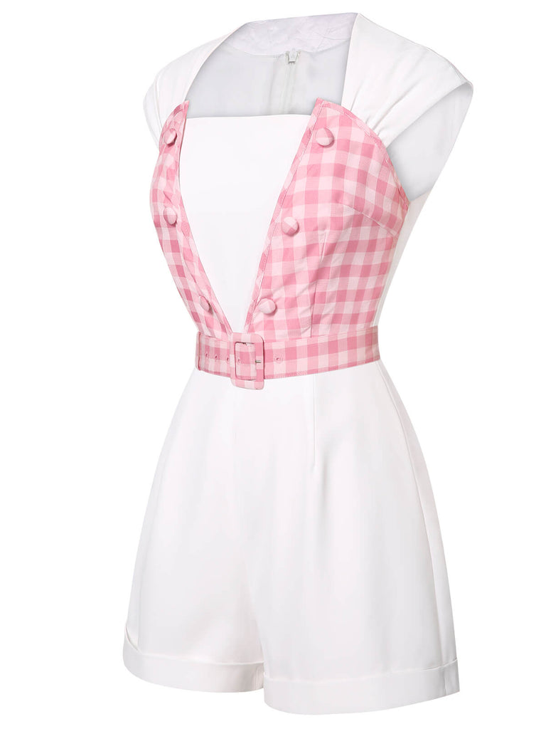 White & Pink 1950s Plaid Romper With Belt, vintage romper, retro jumpsuit - perfect for women who love vintage and retro fashion