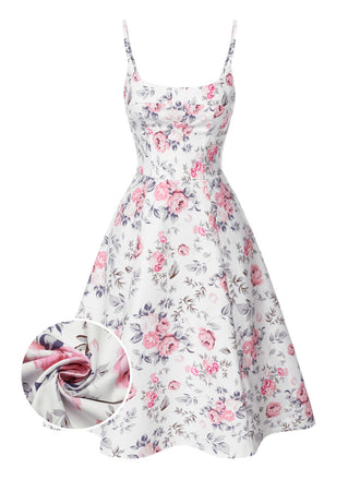 She slips into this White & Pink 1950s Straps Painted Floral Dress and suddenly it's a 1950s daydream