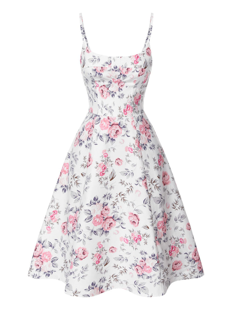 White & Pink 1950s Straps Painted Floral Dress: where 1950s romance meets her modern spirit