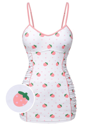 White & Pink 1950s Strawberry Pleated Swimsuit, vintage swimsuit, pin-up swimwear - perfect for women who love vintage and retro fashion
