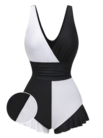 White ruffle one-piece swimsuit front view for elegant beach and poolside styling