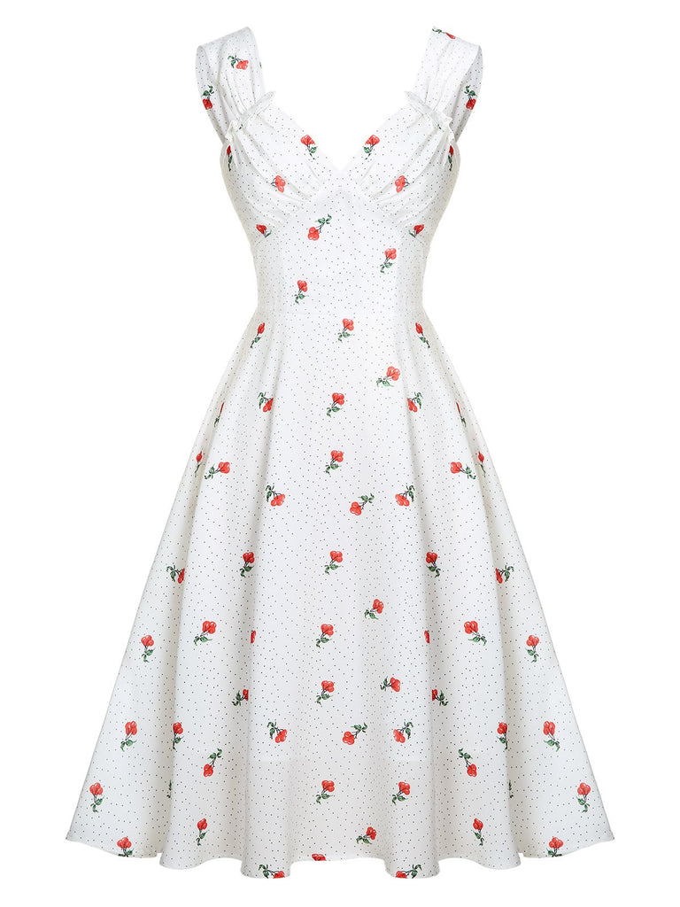 white polka dot dress Retro Stage Satin-faux Cherry Polka Dot Dress White,XL