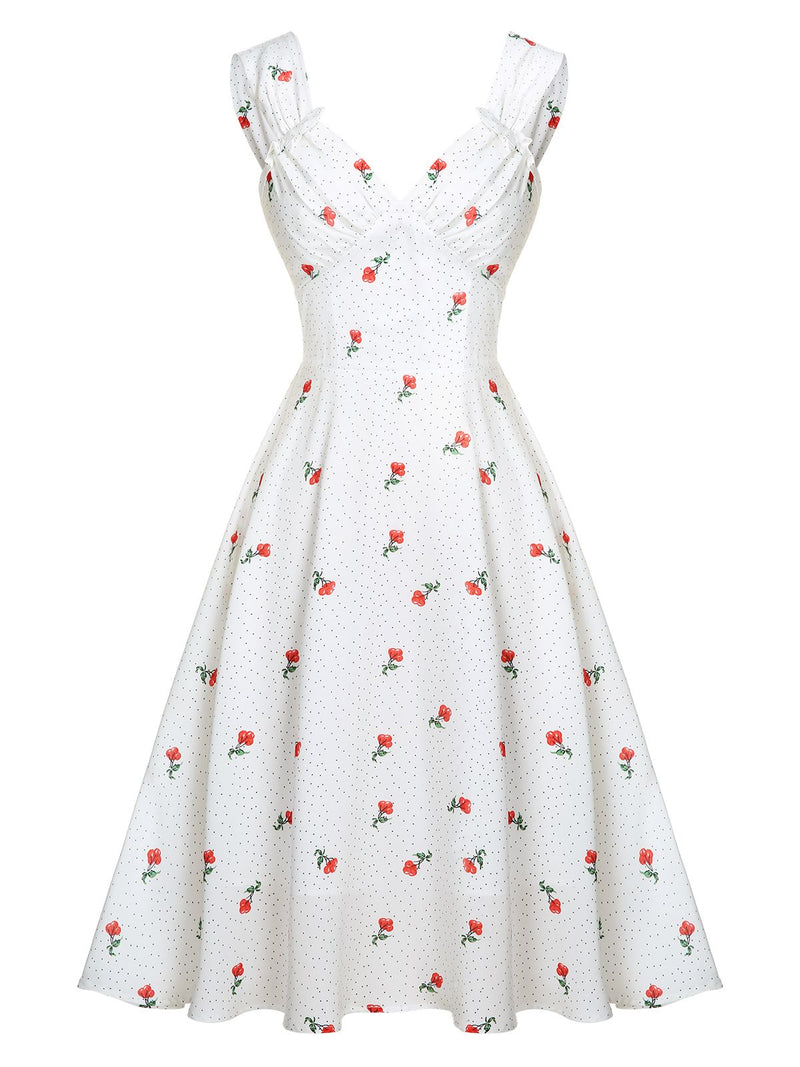 Retro Stage White Polka Dot Red Rose Sundress