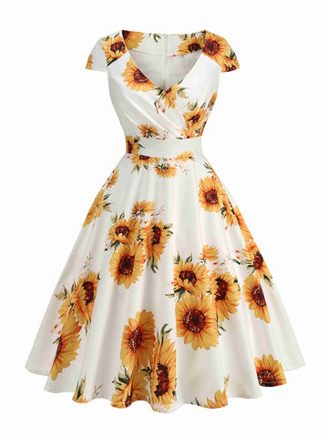 white christmas dresses Unique Vintage Sunflower Cotton Halter Swing Dress main image 0