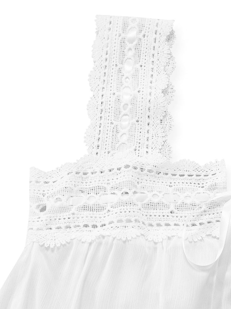 Front: White 1940s Solid Lace Patchwork Tie Front Dress, elegant vintage style, perfect for vintage fashion lovers