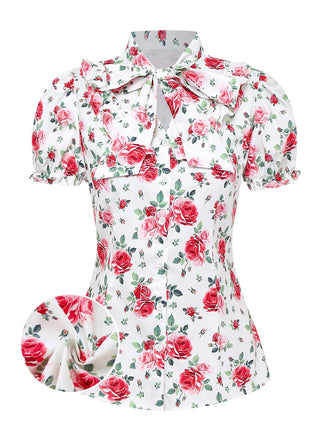 Floral blouse with red roses on a white background