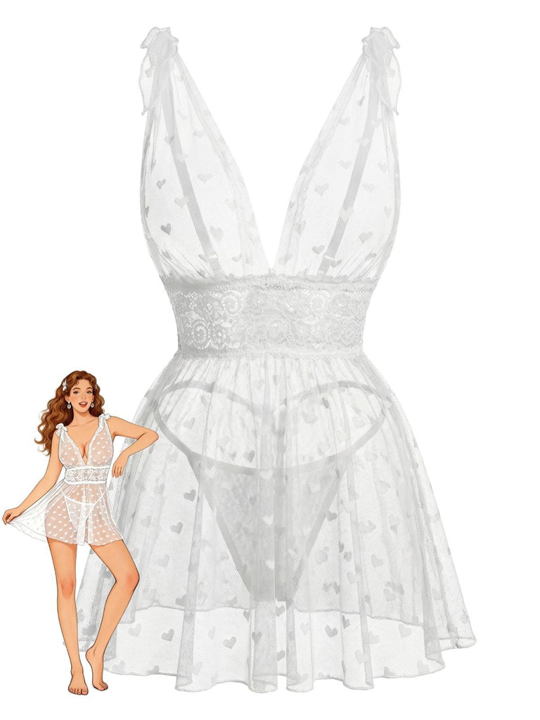 White lace nightgown with a model wearing it on a white background