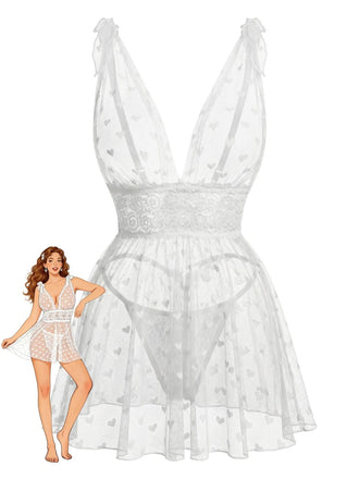 White lace nightgown with a model wearing it on a white background
