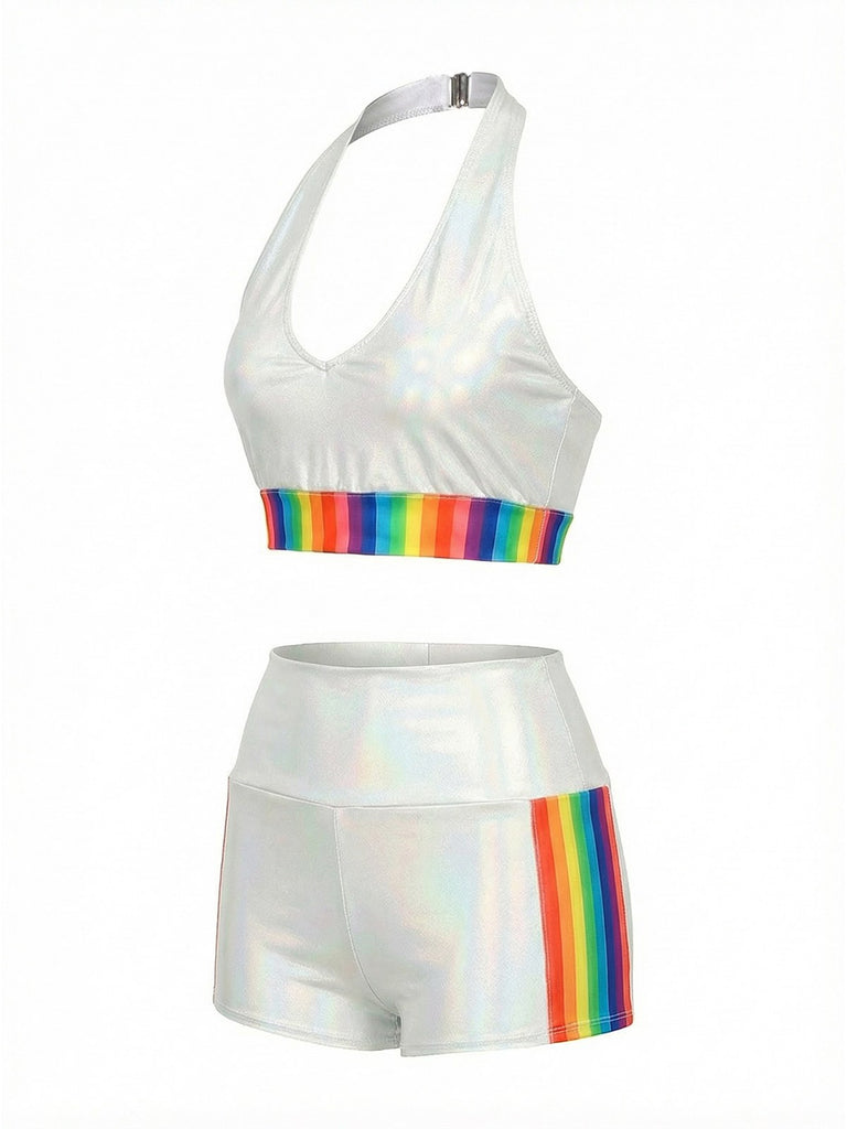 [Pre-Sale] White 1960s Rainbow Patchwork Bikini Set