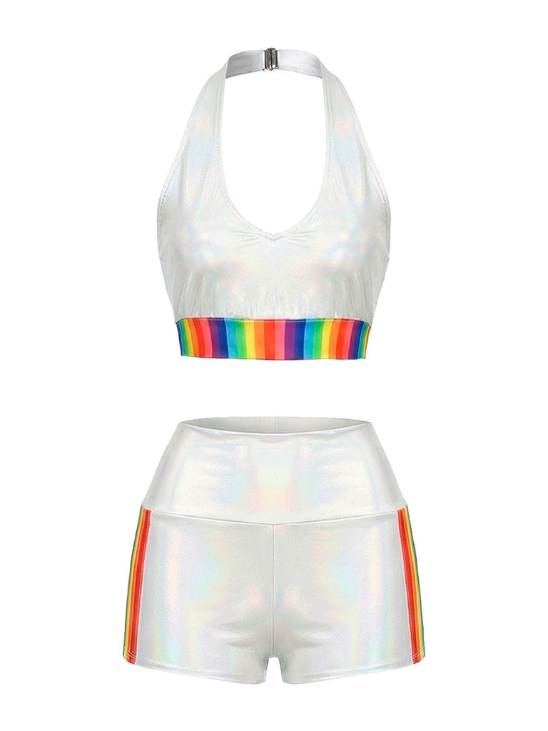 [Pre-Sale] White 1960s Rainbow Patchwork Bikini Set
