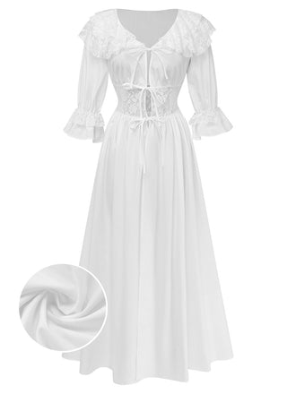 White lace dress with a close-up of fabric texture on a white background