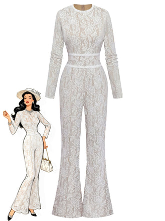White lace jumpsuit with a model wearing it on a white background