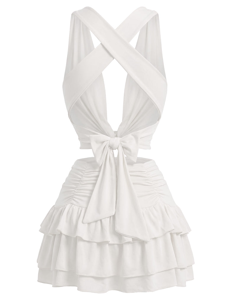 Back: 2PCS 1960s Solid Ruffled Crop Cowl Top & Mini Skirt, vintage charm, perfect for vintage fashion lovers