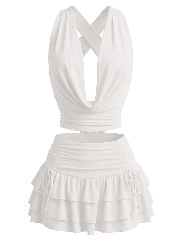 Front: 2PCS 1960s Solid Ruffled Crop Cowl Top & Mini Skirt, elegant vintage style, perfect for vintage fashion lovers