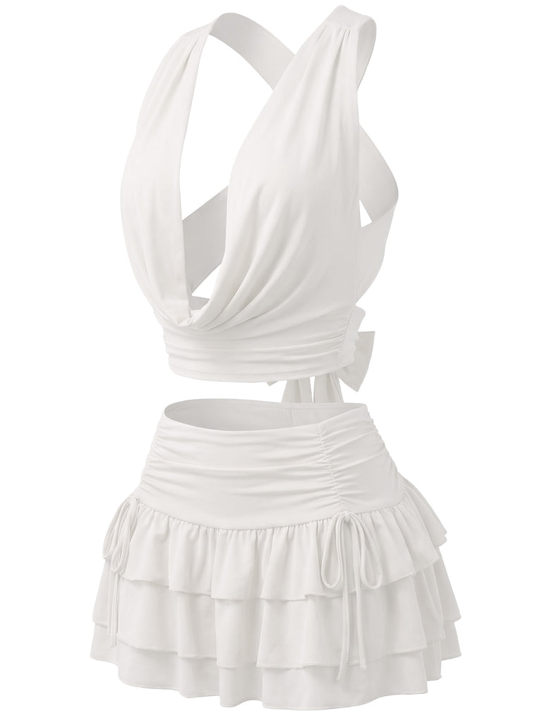 Side: 2PCS 1960s Solid Ruffled Crop Cowl Top & Mini Skirt, elegant vintage style, perfect for vintage fashion lovers