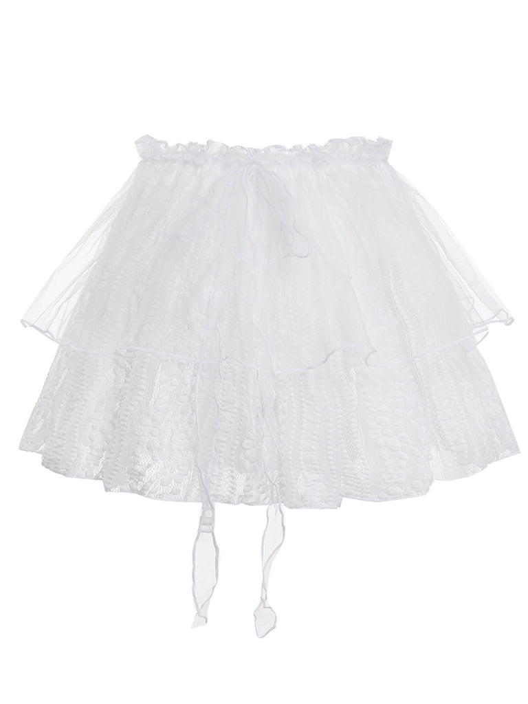 [Pre-Sale] 2PCS White 1950s Lace Ruffled Bow Swimsuit & Cover-Up