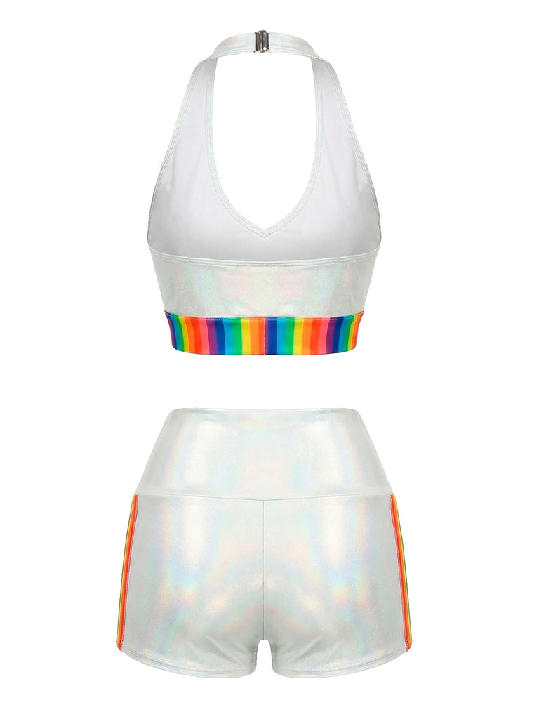 [Pre-Sale] White 1960s Rainbow Patchwork Bikini Set