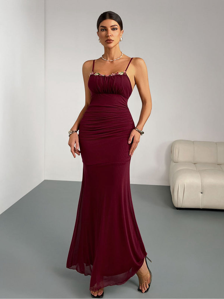Wine Red 1930s 3D Floral Ruched Fishtail Dress - vintage dress, retro fashion, elegant red