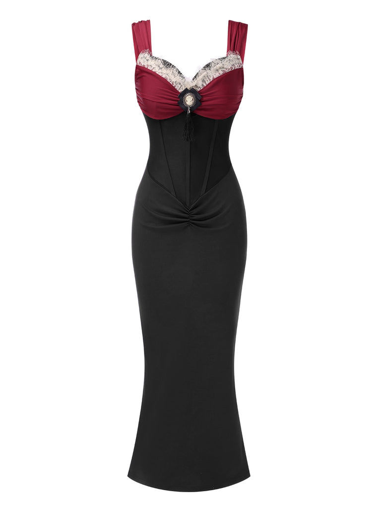 Wine Red 1930s Contrast Fishbone Mermaid Dress - vintage dress, retro fashion, elegant style for vintage lovers