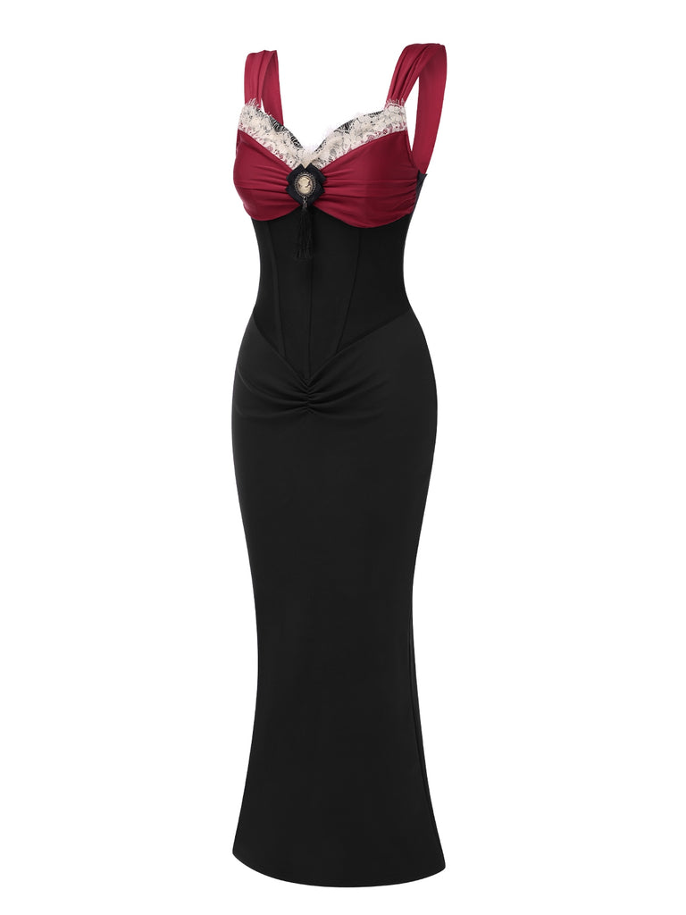 Wine Red 1930s Contrast Fishbone Mermaid Dress: beautiful vintage dress, retro fashion, elegant style with timeless appeal