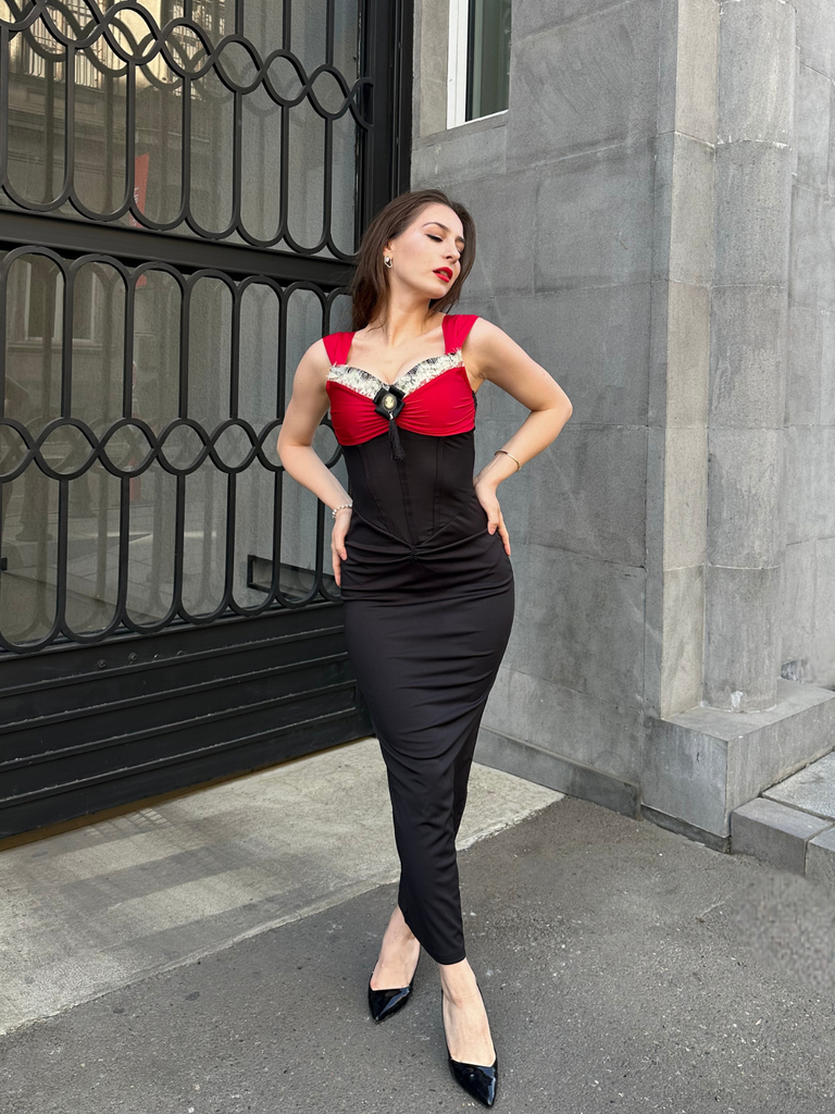 Wine Red 1930s Contrast Fishbone Mermaid Dress - vintage dress, retro fashion, elegant red