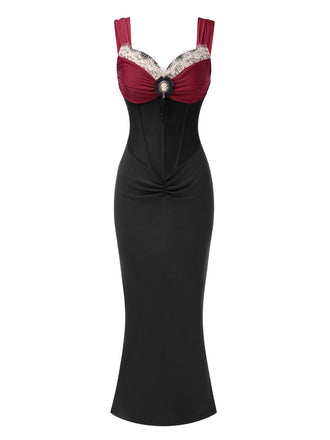 She slips into this Wine Red 1930s Contrast Fishbone Mermaid Dress and suddenly it's a 1930s daydream