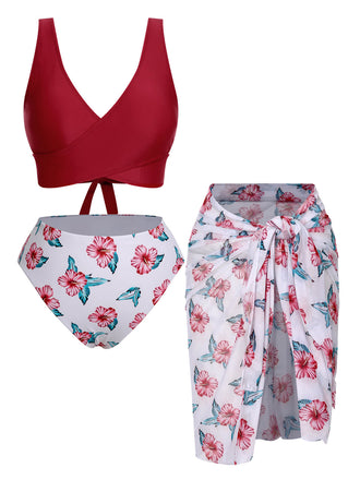 [Plus Size] Wine Red 1930s Floral Bikini Set & Cover-Up, vintage swimsuit, pin-up swimwear - perfect for women who love vintage and retro fashion