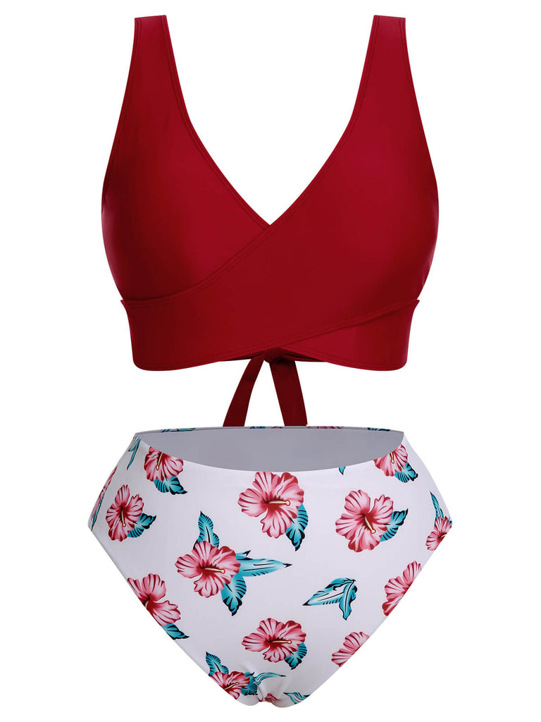Wine Red 1930s Floral Bikini Set & Cover-Up — 1930s poolside glamour meets sun-drenched confidence