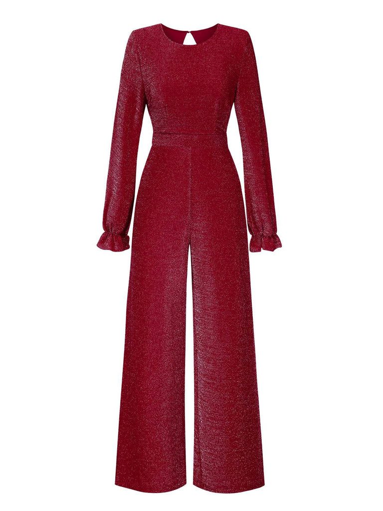 She finds her 1930s story in this Wine Red 1930s Glitter Backless Wide-Leg Jumpsuit