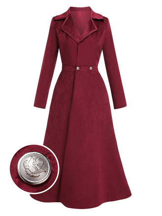 Wine Red 1930s Solid Suede Lapel Long Coat, vintage coat, retro outerwear - perfect for women who love vintage and retro fashion