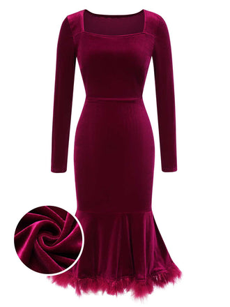 She slips into this Wine Red 1930s Squared Neck Velvet Mermaid Dress and suddenly it's a 1930s daydream