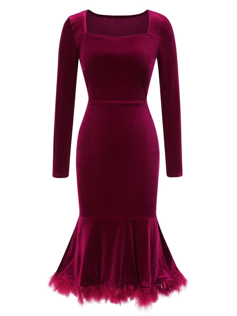 Wine Red 1930s Squared Neck Velvet Mermaid Dress: where 1930s romance meets her modern spirit