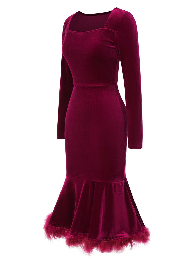 Wine Red 1930s Squared Neck Velvet Mermaid Dress — the kind of 1930s dress that makes strangers smile