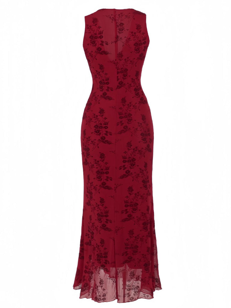 Burgundy V-neck Floral Burnout Velvet Maxi Cocktail Dress Womens